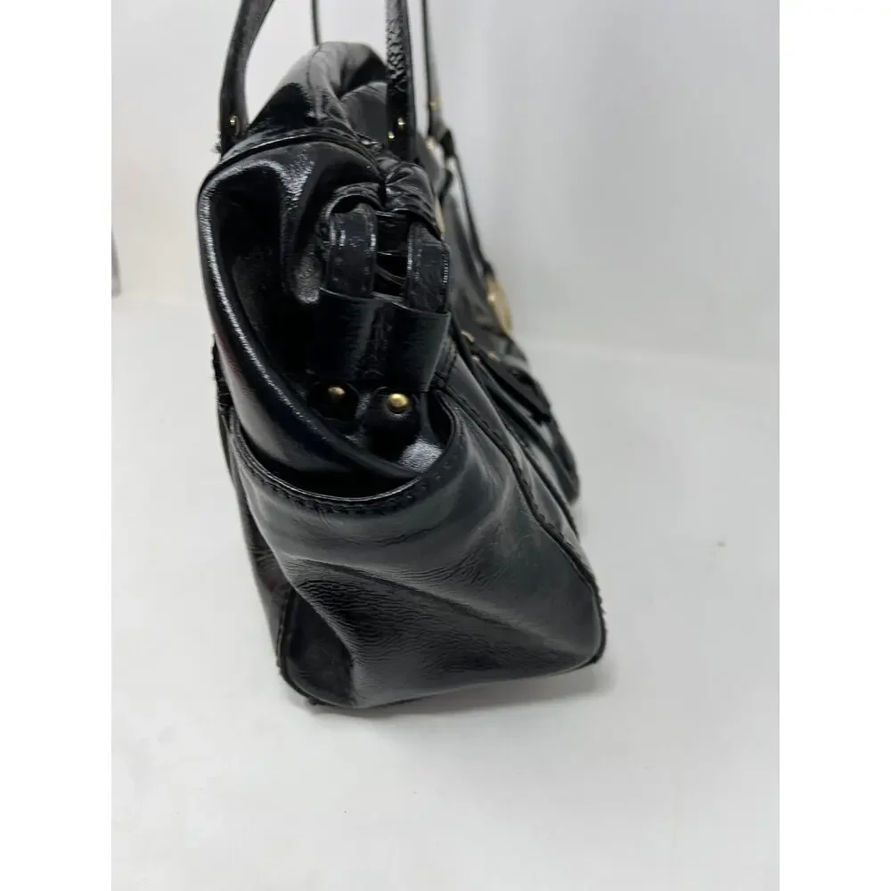 Michael Kors Patent Leather Satchel Bag Handbag Black Gold RESHOOT